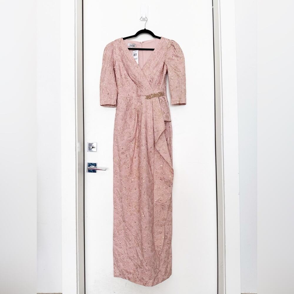 NWT Teri Jon 229041 Blush Peplum Stretch Metallic Jacquard Gown with Beads - Picture 2 of 10